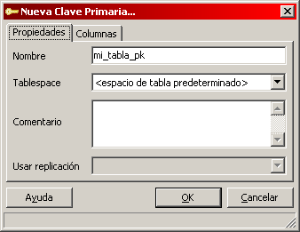Pantalla de Tabla - Restricciones PK - Propiedades