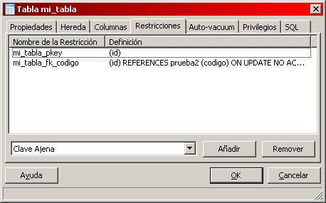 Pantalla de Tabla - Solapa Restricciones